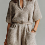 ElevenOra Chic Casual Light Brown Stand Collar V-Neck Short Sleeve Belted Patch Pockets Oversize Fuzzy Knit Romper