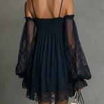 Noemi | Mini dress in navy blue chiffon with off-the-shoulder neckline, lace trim, and sheer sleeves