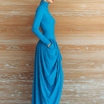 ElevenOra Chic Vintage Dark Blue Turtleneck Slim-Fit Long-Sleeve Top Ruched Irregular Hem Maxi Skirt Two-Piece Set