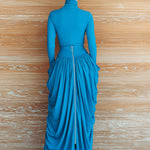 ElevenOra Chic Vintage Dark Blue Turtleneck Slim-Fit Long-Sleeve Top Ruched Irregular Hem Maxi Skirt Two-Piece Set