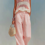 ElevenOra Chic Elegant Pink-White Stripes V-Neck Sleeveless Loose-Fit Knit Tank Top Pink Satin Pants Two-Piece Set
