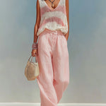 ElevenOra Chic Elegant Pink-White Stripes V-Neck Sleeveless Loose-Fit Knit Tank Top Pink Satin Pants Two-Piece Set