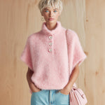 ElevenOra Chic Vintage Pink Stand Collar Button-Front Short-Sleeve Fuzzy Knit Sweater Top