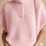 ElevenOra Chic Vintage Pink Stand Collar Button-Front Short-Sleeve Fuzzy Knit Sweater Top