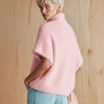 ElevenOra Chic Vintage Pink Stand Collar Button-Front Short-Sleeve Fuzzy Knit Sweater Top