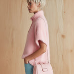 ElevenOra Chic Vintage Pink Stand Collar Button-Front Short-Sleeve Fuzzy Knit Sweater Top