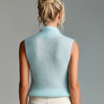ElevenOra Chic Elegant Light Blue Stand Collar V-Neck Button Detail Slim-Fit Mohair Knit Vest