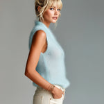 ElevenOra Chic Elegant Light Blue Stand Collar V-Neck Button Detail Slim-Fit Mohair Knit Vest