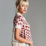 ElevenOra Chic Elegant Red Beige Heart Pattern Lapel V-Neck Short-Sleeve Slim-Fit Knit Sweater Top