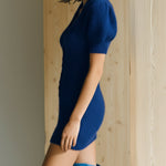 ElevenOra Chic Elegant Royal Blue V-Neck Short-Sleeve Button-Front Slim-Fit Soft Knit Mini Dress
