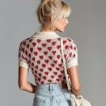 ElevenOra Chic Elegant Red Beige Heart Pattern Lapel V-Neck Short-Sleeve Slim-Fit Knit Sweater Top