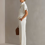 ElevenOra Chic Elegant Cream White Zipper-Up Stand Collar Oversize Short-Sleeve Sweater  Wide-Leg Pants Ribbed Knit Two-Piece Set