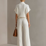 ElevenOra Chic Elegant Cream White Zipper-Up Stand Collar Oversize Short-Sleeve Sweater  Wide-Leg Pants Ribbed Knit Two-Piece Set