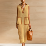 ElevenOraChic Elegant Beige Colorblock Lapel Collar V-Neck Patch Pocket Sleeveless Loose-Fit Ribbed Knit Maxi Dress