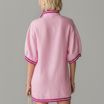 ElevenOra Chic Casual Pink Colorblock  Stand-Collar Zipper-Front Short-Sleeve Loose-Fit Cotton-Linen Blend  Mini Dress