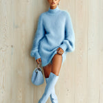 ElevenOra Chic Elegant Baby Blue Mock Neck Oversized Long-Sleeve Mohair Knit Mini Dress
