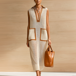 ElevenOraChic Elegant Beige Colorblock Lapel Collar V-Neck Patch Pocket Sleeveless Loose-Fit Ribbed Knit Maxi Dress