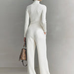 ElevenOra Chic Elegant Zip-up Mock Neck Slim-Fit Sweater Elastic Waist Wide-Leg Pants Knit Two-Piece Set