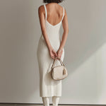 ElevenOra Chic Vintage White Deep V-Neck Sleeveless Button-Front Slim-Fit Knit Midi Dress