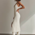 ElevenOra Chic Vintage White Deep V-Neck Sleeveless Button-Front Slim-Fit Knit Midi Dress