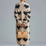 ElevenOra Chic Vintage Beige-Black Heart Jacquard Relaxed Fit Single-Breasted Long Sleeve Knit Long Cardigan