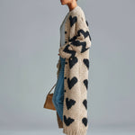 ElevenOra Chic Vintage Beige-Black Heart Jacquard Relaxed Fit Single-Breasted Long Sleeve Knit Long Cardigan