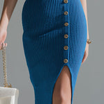 ElevenOra Chic Elegant Royal Blue Side Button Split Slim-Fit Ribbed Knit Midi Pencil Skirt