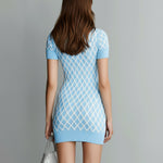 ElevenOra Chic Vintage Light Blue White Argyle Pattern Deep V-Neck Short-Sleeve Slim-Fit Bodycon Knit Mini Dress