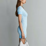 ElevenOra Chic Vintage Light Blue White Argyle Pattern Deep V-Neck Short-Sleeve Slim-Fit Bodycon Knit Mini Dress