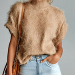 ElevenOra Chic Vintage Camel Mock Neck Short Sleeve Loose Fuzzy Mohair Knit Sweater Top