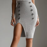 ElevenOra Chic Elegant Gray Double-Breasted Detail Slit Slim-Fit Ribbed Knit Mini Pencil Skirt