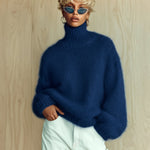 ElevenOra Chic Vintage Baby Blue Turtleneck Textured Knit Fuzzy Slouchy Sweater