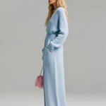 ElevenOra Chic Elegant Baby Blue Deep V-Neck Long Sleeve Patch Pocket Oversized Fuzzy Knit Wide-Leg Jumpsuit