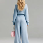 ElevenOra Chic Elegant Baby Blue Deep V-Neck Long Sleeve Patch Pocket Oversized Fuzzy Knit Wide-Leg Jumpsuit