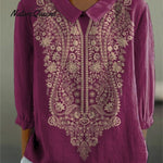 Ethnic Style Floral Pattern Printed Women's Casual Long Sleeve Comfortable Cotton Shirt