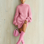 ElevenOra Chic Elegant Baby Blue Mock Neck Oversized Long-Sleeve Mohair Knit Mini Dress