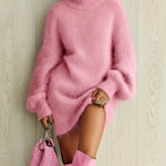 ElevenOra Chic Elegant Baby Blue Mock Neck Oversized Long-Sleeve Mohair Knit Mini Dress