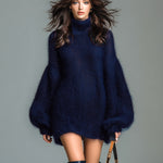 ElevenOra Chic Elegant Navy Mock Neck Oversized Long Lantern Sleeve Mohair Knit Mini Dress