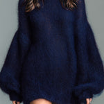 ElevenOra Chic Elegant Navy Mock Neck Oversized Long Lantern Sleeve Mohair Knit Mini Dress