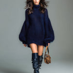 ElevenOra Chic Elegant Navy Mock Neck Oversized Long Lantern Sleeve Mohair Knit Mini Dress