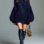 ElevenOra Chic Elegant Navy Mock Neck Oversized Long Lantern Sleeve Mohair Knit Mini Dress