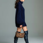 ElevenOra Chic Elegant Navy Mock Neck Oversized Long Lantern Sleeve Mohair Knit Mini Dress