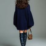 ElevenOra Chic Elegant Navy Mock Neck Oversized Long Lantern Sleeve Mohair Knit Mini Dress