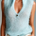 ElevenOra Chic Elegant Light Blue Stand Collar V-Neck Button Detail Slim-Fit Mohair Knit Vest