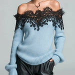 ElevenOra Chic Casual Gray Off-The-Shoulder Lace Trim Detail Long Sleeve Oversized Knit Sweater Top