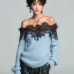 ElevenOra Chic Casual Gray Off-The-Shoulder Lace Trim Detail Long Sleeve Oversized Knit Sweater Top
