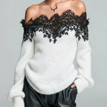 ElevenOra Chic Casual Gray Off-The-Shoulder Lace Trim Detail Long Sleeve Oversized Knit Sweater Top