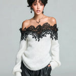 ElevenOra Chic Casual Gray Off-The-Shoulder Lace Trim Detail Long Sleeve Oversized Knit Sweater Top
