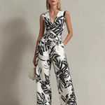 ElevenOra Chic Elegant White-Black Colorblock Leaf Print V-Neck Sleeveless Tailored-Waist Loose-Fit Cotton-Linen Blend Jumpsuit