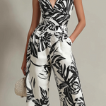 ElevenOra Chic Elegant White-Black Colorblock Leaf Print V-Neck Sleeveless Tailored-Waist Loose-Fit Cotton-Linen Blend Jumpsuit